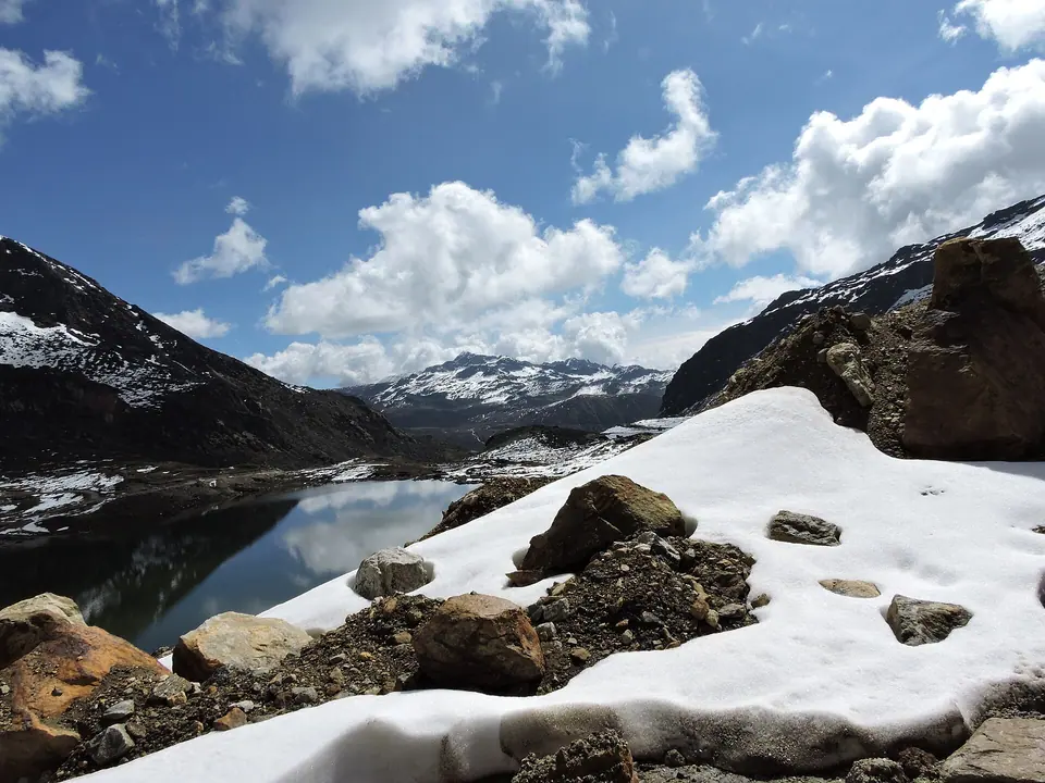 Snow patches and a small lake among jagged peaks near Bum La Pass on the India–China border