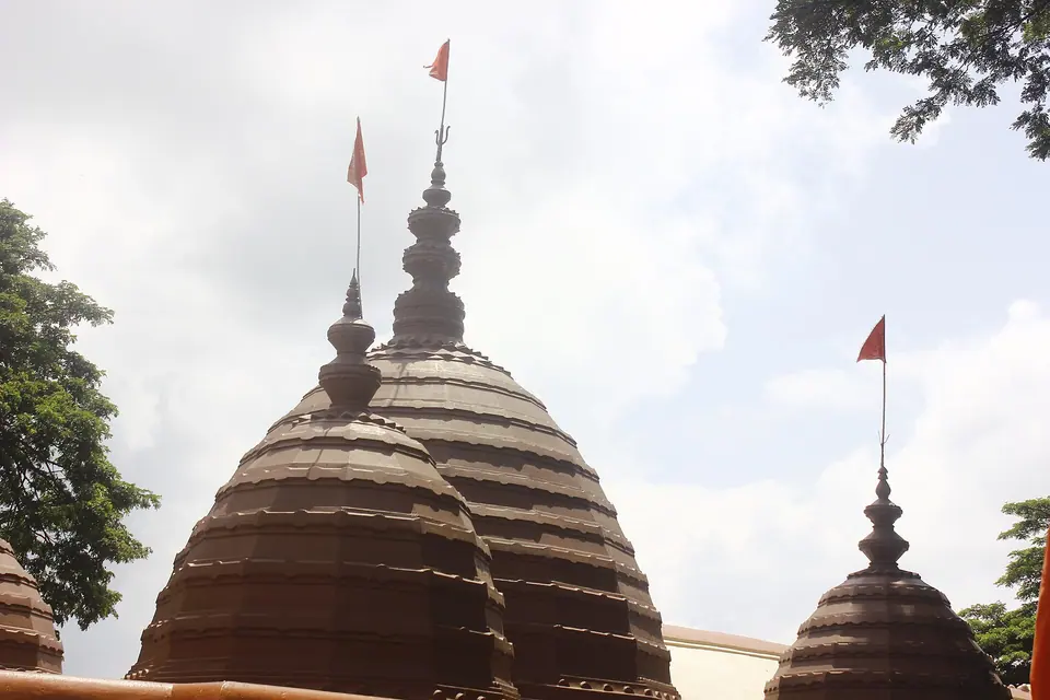 Close view of the ribbed brown shikharas of Kamakhya Temple topped with red flags