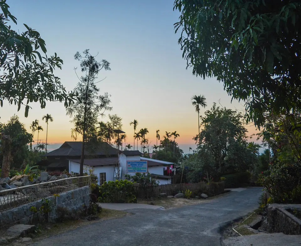 A tidy lane through Mawlynnong village at dusk, with betel nut palms and neat houses